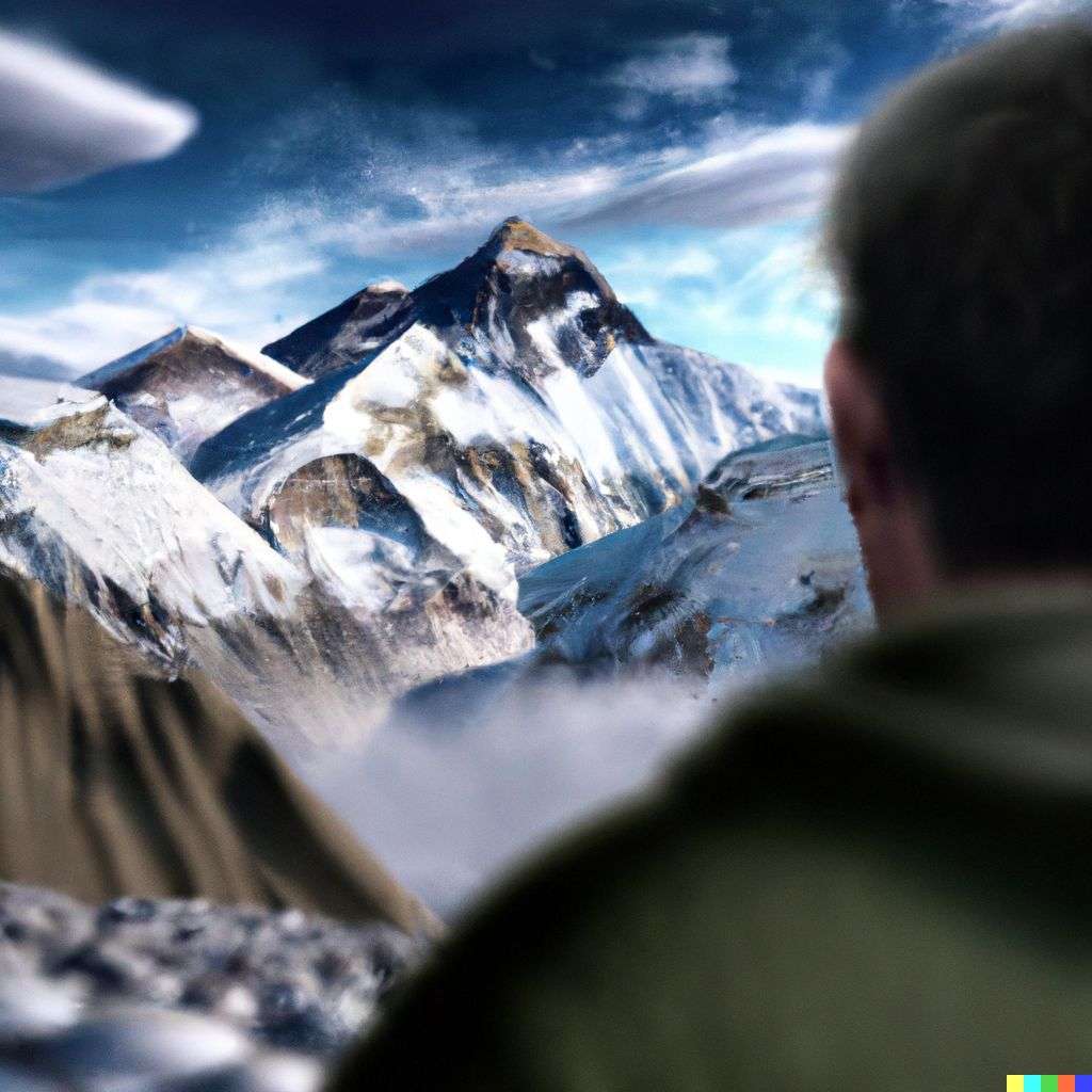 someone gazing at Mount Everest, digital art, depth effects